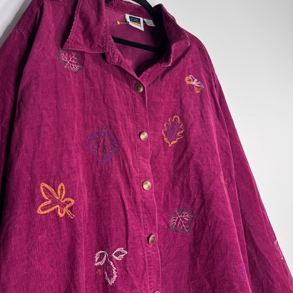 Vintage Embroidered Corduroy Shirt Jacket Burgundy Cottagecore 2X 28W